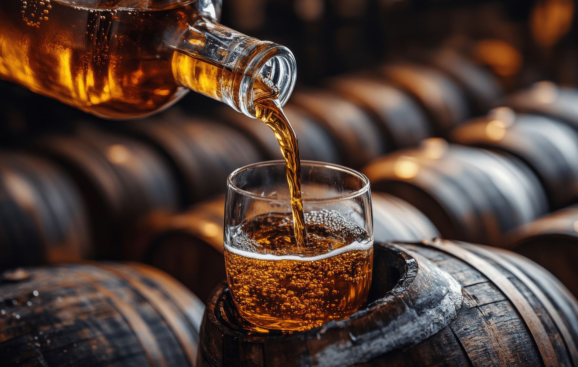 A bottle of whiskey is being poured into a glass.